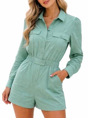 Lumiere NWT Mint Green Button-Up Long Sleeve Shorts Romper Size Large